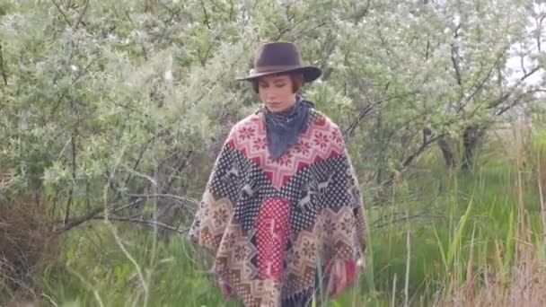 Young Woman Traveler Poncho Hat Walk Fields Farm — Stock Video