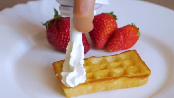 Belgische Waffeln Mit Erdbeeren Und Blaubeeren Auf Weißem Teller Aus — Stockvideo