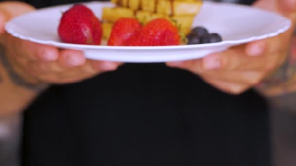 Belgian Waffles Strawberry Blueberries White Plate Hands Male — Stock Video