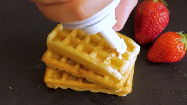 Belgian Waffles Strawberry Blueberries White Plate Close — Stock Video