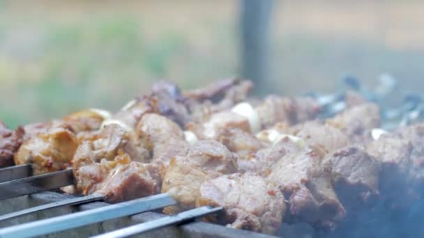 Pobliżu Grill Kebab Zewnątrz Grilla Mięso Wieprzowe Przygotowane Ogień — Wideo stockowe