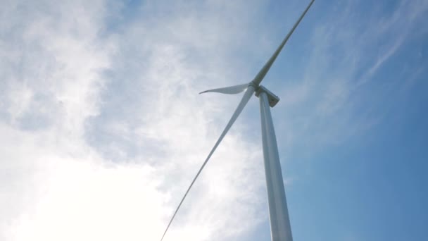 Wiatraki Produkcji Energii Elektrycznej Polach Pszenicy Przeciwko Błękitnym Niebem — Wideo stockowe