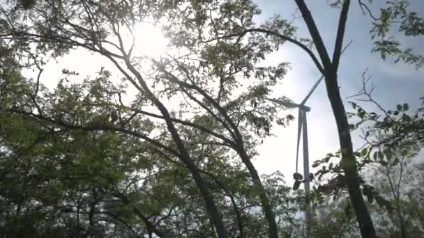 Windmolens Voor Elektriciteitsproductie Tarwe Velden Tegen Blauwe Lucht — Stockvideo