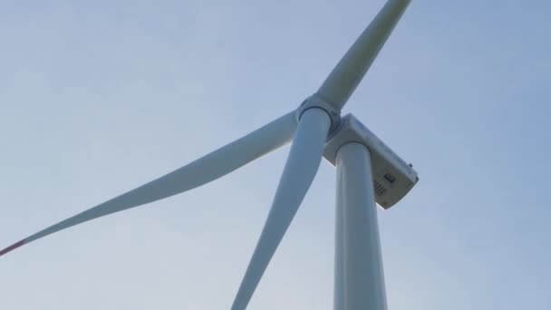 Větrné Mlýny Výrobu Elektrické Energie Pšeničných Polích Proti Modrému Nebi — Stock video