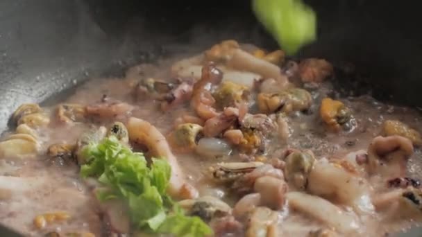 Comida Mar Legumes Fritando Panela Close — Vídeo de Stock