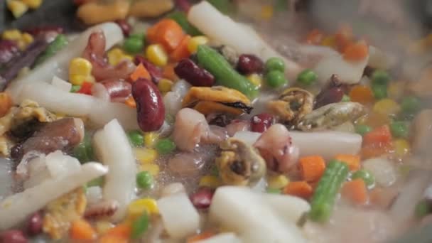Sea Food Vegetables Frying Pan Close — Stock Video