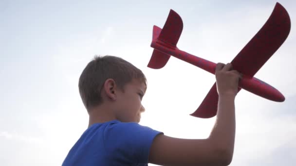 Man Jongen Spelen Met Speelgoed Vliegtuig Zomer Velden — Stockvideo