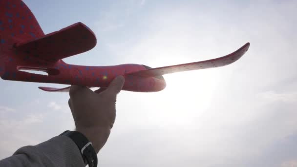 男生在夏天的田野里玩玩具飞机 — 图库视频影像