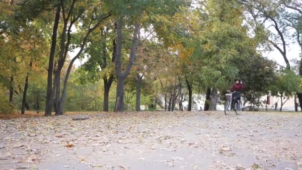 Mujer Joven Montando Bicicleta Retro Parque Otoño — Vídeo de stock