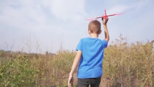 Чоловік Грає Іграшковим Літаком Літніх Полях — стокове відео