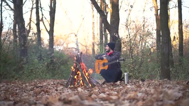 Genç Erkek Gezgin Sonbahar Ormanında Tek Başına Gitar Çalıyor Parkta — Stok video