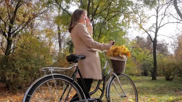 Νεαρή Ελκυστική Γυναίκα Ποδήλατο Ποζάρουν Στο Πάρκο Φθινόπωρο Στην Όμορφη — Αρχείο Βίντεο