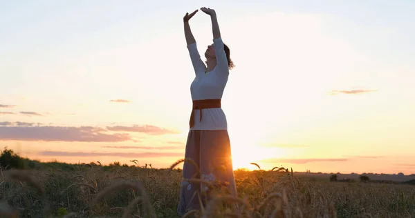 Kvinna Som Tränar Qigong Sommarfält Med Vacker Solnedgång Bakgrunden — Stockfoto