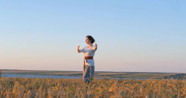 Kvinna Som Tränar Qigong Sommarfält Med Vacker Solnedgång Bakgrunden — Stockfoto