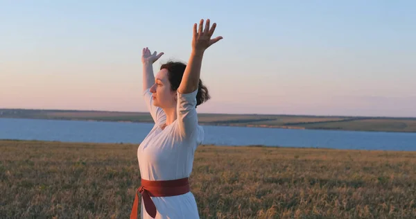 Kvinna Som Tränar Qigong Sommarfält Med Vacker Solnedgång Bakgrunden — Stockfoto