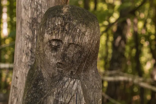 Velha Escultura Madeira Mulher Floresta — Fotografia de Stock