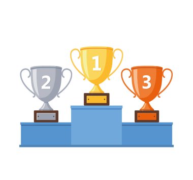 Kazanan podyum ile altın, gümüş ve bronz cups - hisse senedi vektör.