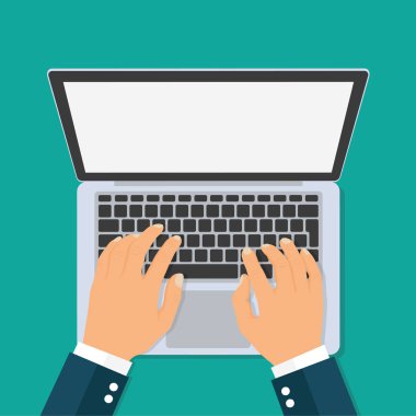 Metin üstünde belgili tanımlık laptop klavye yazarak eller. Üstten görünüm - hisse senedi vektör.