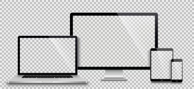 Gerçekçi monitör seti, dizüstü bilgisayar, tablet, akıllı telefon - Stock Vektör illüstrasyonu