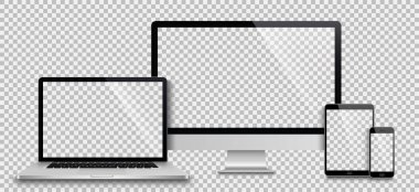 Gerçekçi monitör seti, dizüstü bilgisayar, tablet, akıllı telefon - Stock Vektör illüstrasyonu