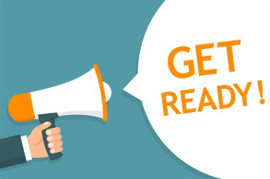 Megafon tutan el. Duyuru. Hazır olun! -hisse senedi vektör.