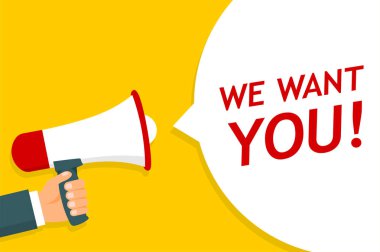 Megafon tutan el. Duyuru. İstiyoruz! -hisse senedi vektör.