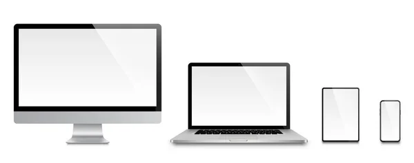 Realistisk Uppsättning Bildskärm Bärbar Dator Surfplatta Smartphone Lager Vec — Stock vektor