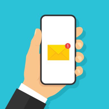 E-posta simgesi ile el tutma akıllı telefon. Düz stil - stok vektörü.