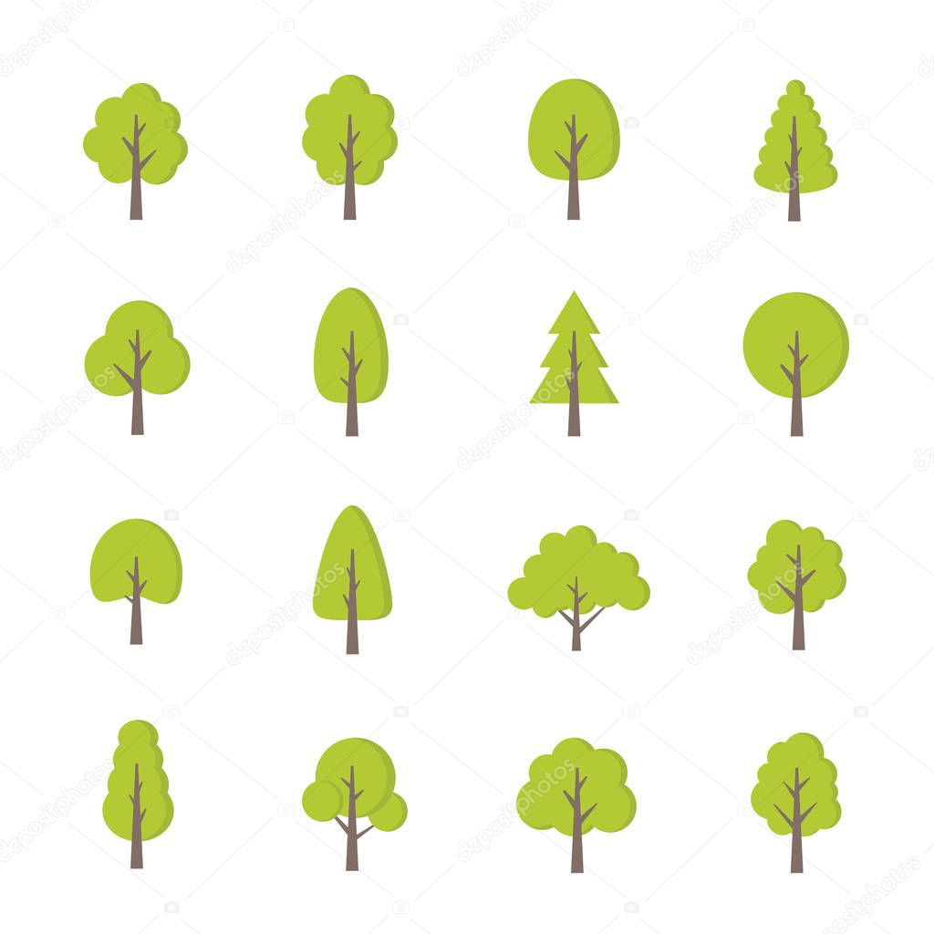 Green trees set. Flat style. Flat forest tree icon - stock vecto