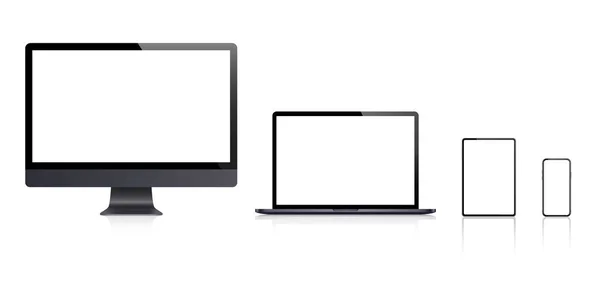 Realistisk uppsättning bildskärm, bärbar dator, surfplatta, smartphone - lager Vec — Stock vektor