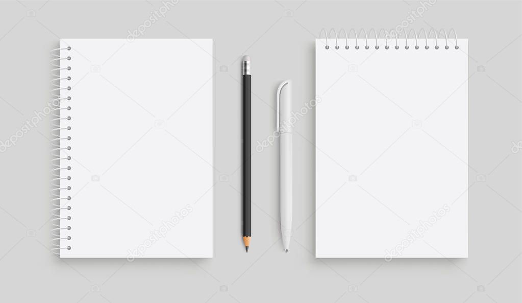 Realistic vector notebook and white pancil, pen. Front view. - s