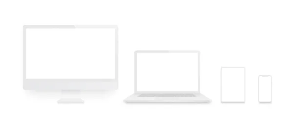 Conjunto realista de monitor, ordenador portátil, tableta, teléfono inteligente de color blanco — Archivo Imágenes Vectoriales