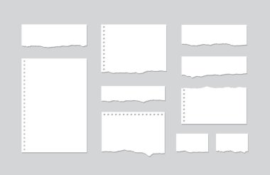 Set pieces of torn white lined notebook paper on gray background clipart