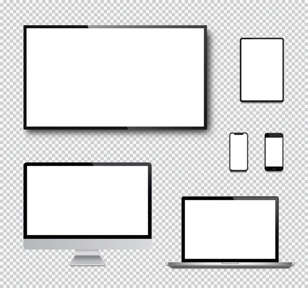 Conjunto realista de monitor, ordenador portátil, tableta, teléfono inteligente y scre TV — Vector de stock