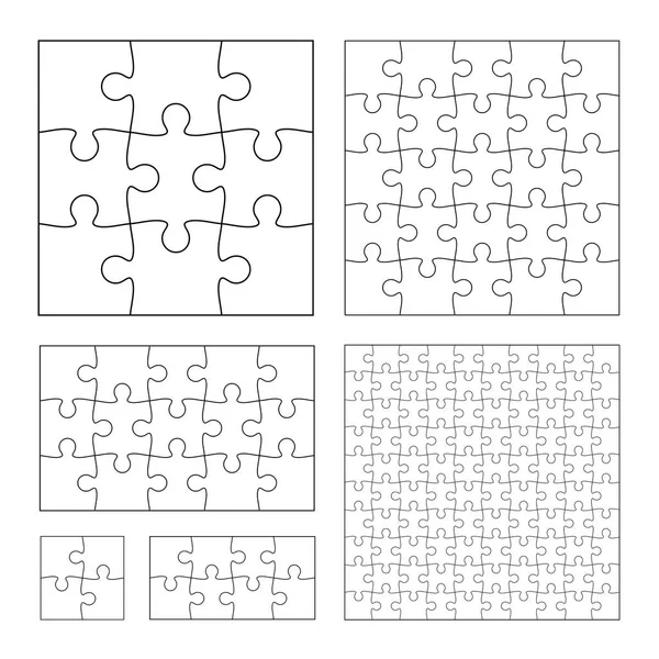 Conjunto de piezas de rompecabezas en blanco y negro. Tiene diferentes tamaños a saber — Archivo Imágenes Vectoriales