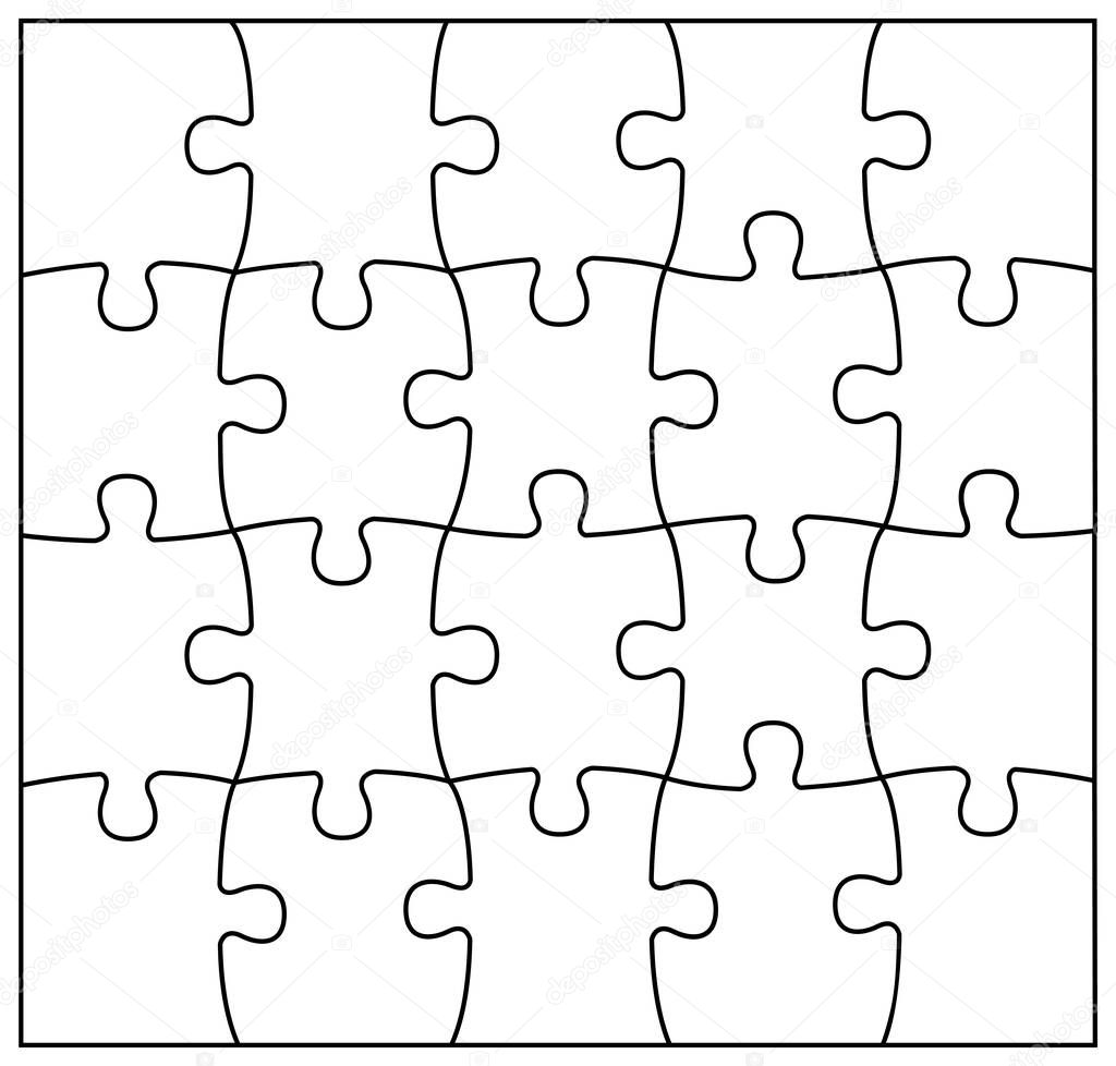 Set of black and white puzzle pieces. Jigsaw grid puzzle 20 piec