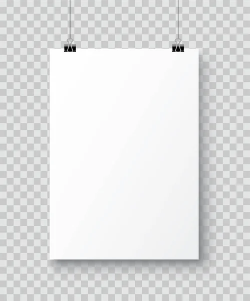 Vector realistic white blank A4 paper poster hanging on a rope w — Stock Vector