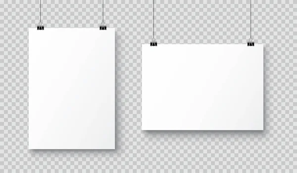 Vector realistische witte lege A4 papier poster opknoping op een touw w — Stockvector