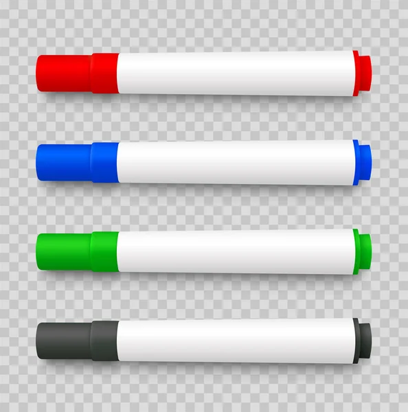 Realistische 3D set van marker pennen, rood, groen, geel, zwart op is — Stockvector