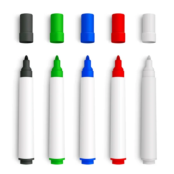 Realistische 3D set van marker pennen, rood, groen, geel, zwart en w — Stockvector