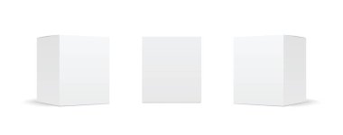 Boş karton paket kutuları maketi. Kutu hazır. Tasarım ve markalaşma için gölgesi olan farklı konumlardaki kutuların yerleşimi - stok vektörü.