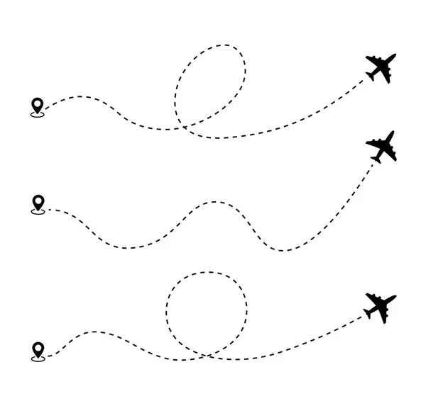 飛行機の点線のルートの方法は、飛行機。セットだ。スタート地点からパスに沿って破線で飛ぶ-株式ベクトル. — ストックベクタ