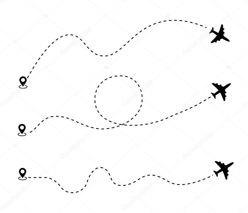Airplane dotted route line the way airplane. Set. Flying with a dashed line from the starting point and along the path - stock vector.