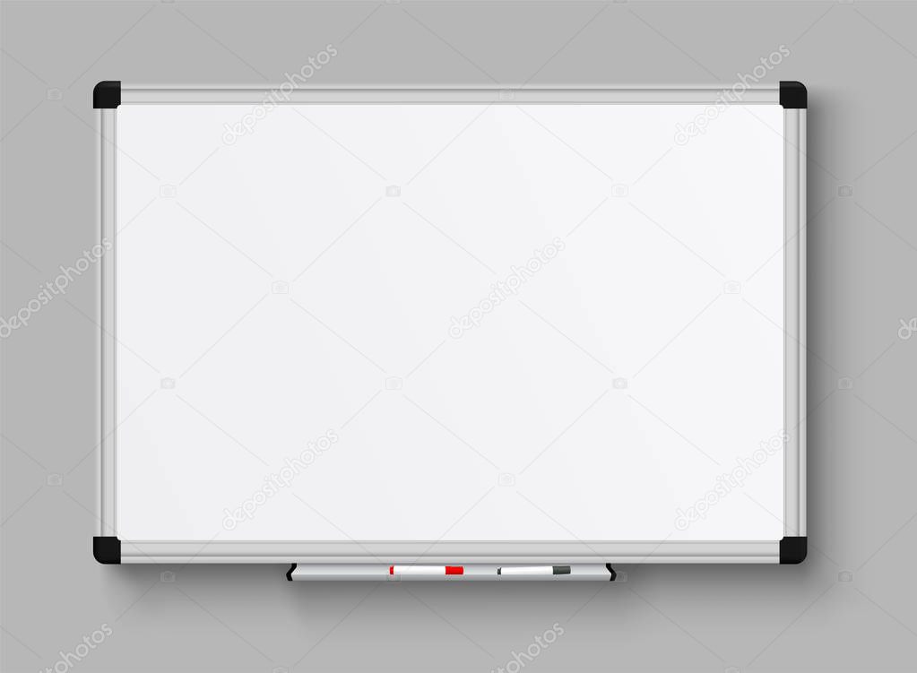 Realistic office Whiteboard. Empty whiteboard with marker pens -