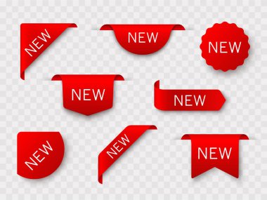 Etiketler ayarlanır. Yeni etiket kırmızı şerit ve afiş - stok vektör.