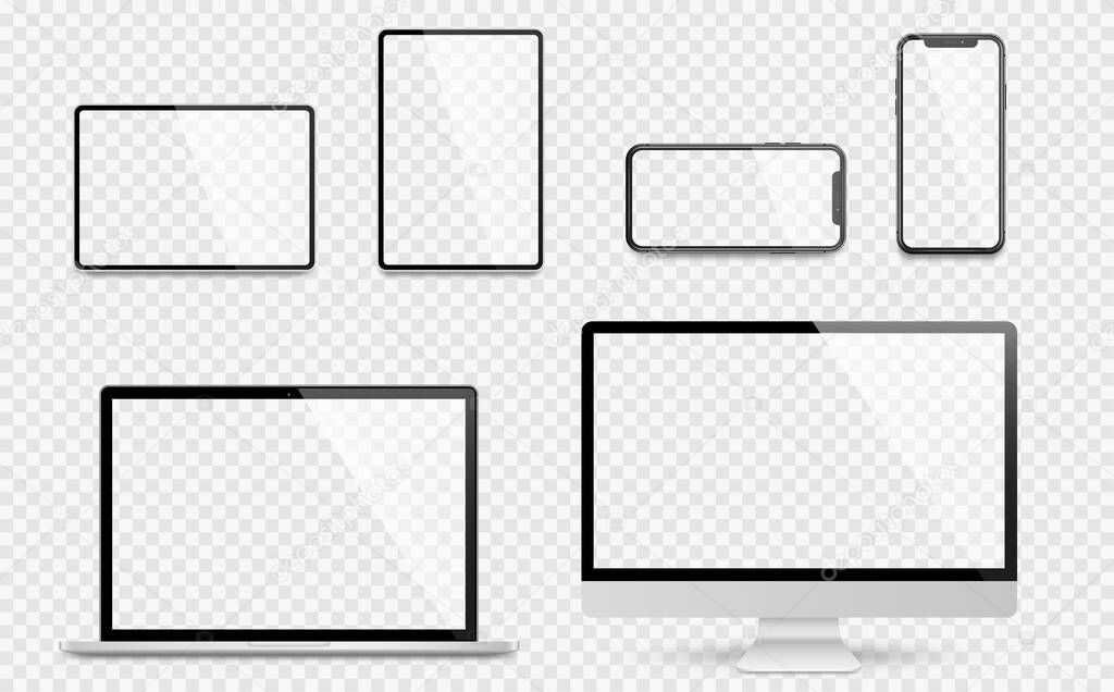 Realistic set computer, laptop, tablet and smartphone. Device screen mockup collection. Realistic mock up computer, laptop, tablet, phone with shadow- stock vector.