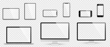 Gerçekçi bilgisayar, dizüstü bilgisayar, tablet ve akıllı telefon. Aygıt ekran model koleksiyonu. Gerçekçi olarak bilgisayar, dizüstü bilgisayar, tablet, telefon ve gölgeli hisse senedi vektörü..