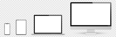 Gerçekçi bilgisayar, dizüstü bilgisayar, tablet ve akıllı telefon. Aygıt ekran model koleksiyonu. Gerçekçi olarak bilgisayar, dizüstü bilgisayar, tablet, telefon ve gölgeli hisse senedi vektörü..