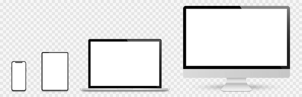 Реалистичный набор компьютера, ноутбука, планшета и смартфона. Коллекция макетов экрана устройств. Реалистичный макет компьютера, ноутбука, планшета, телефона с теневым вектором запасов.