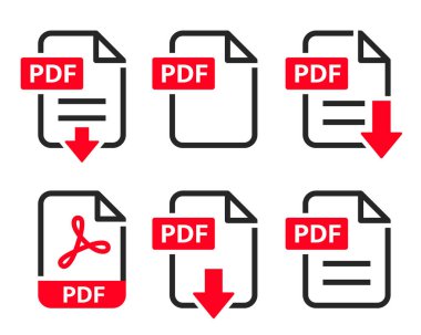 PDF dosya biçimi simgeleri ayarlandı. PDF dosya indirme simgeleri. Metinler, resimler, vektör resimleri, videolar, etkileşimli formlar için biçim - stok vektörü.